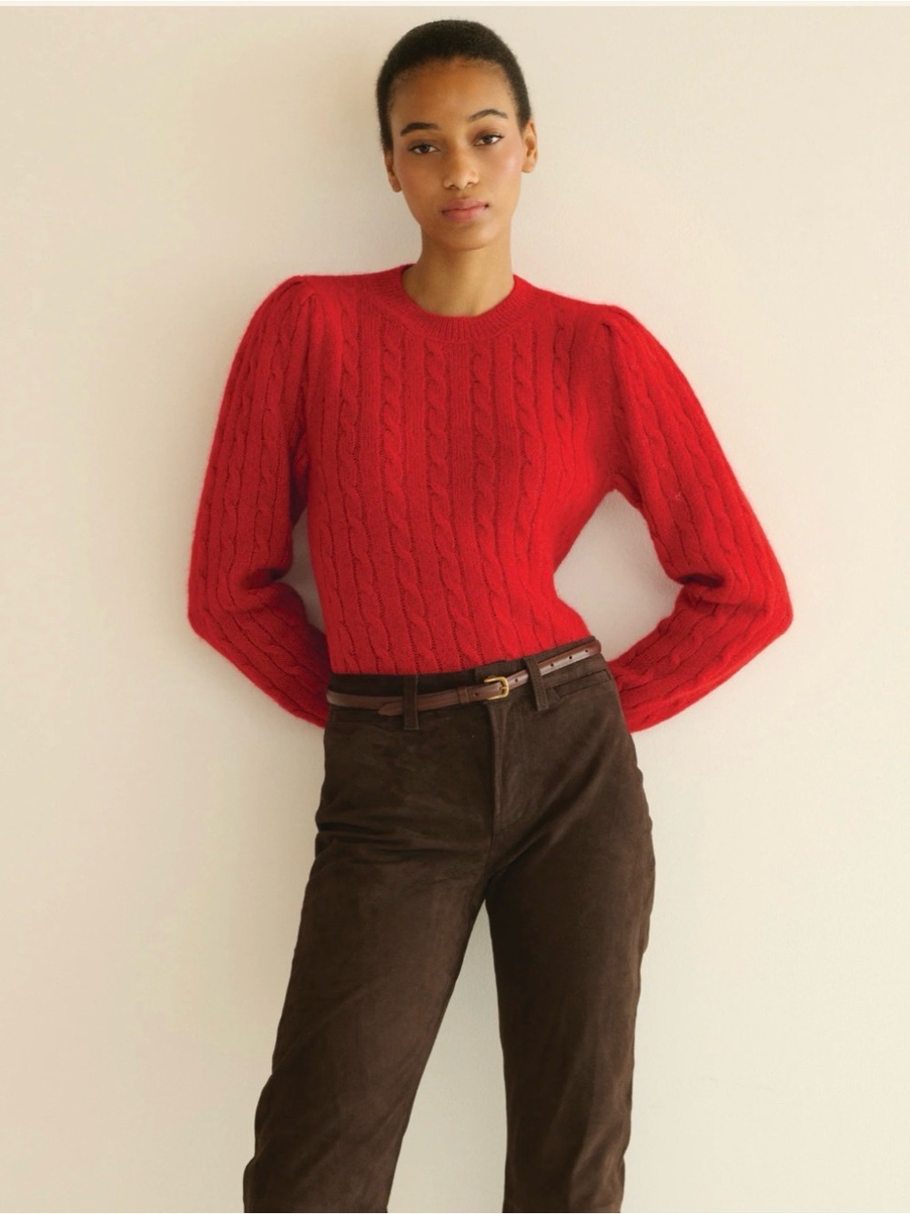 Doen Linden Red Cable-Knit Crewneck Sweater